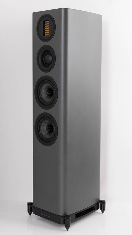 Front right corner of a used Wharfedale EVO 5.3 Floorstanding Speaker in a Lunar Grey finish