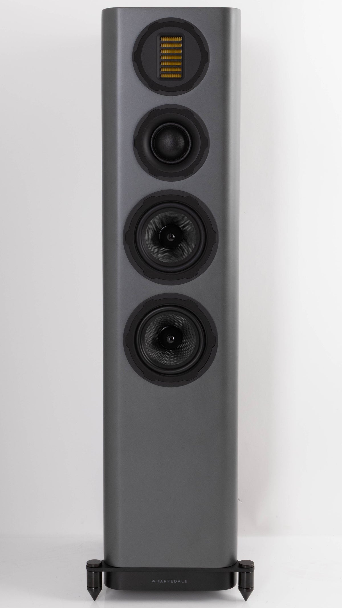 Front view of a used Wharfedale EVO 5.3 Floorstanding Speaker in a Lunar Grey finish