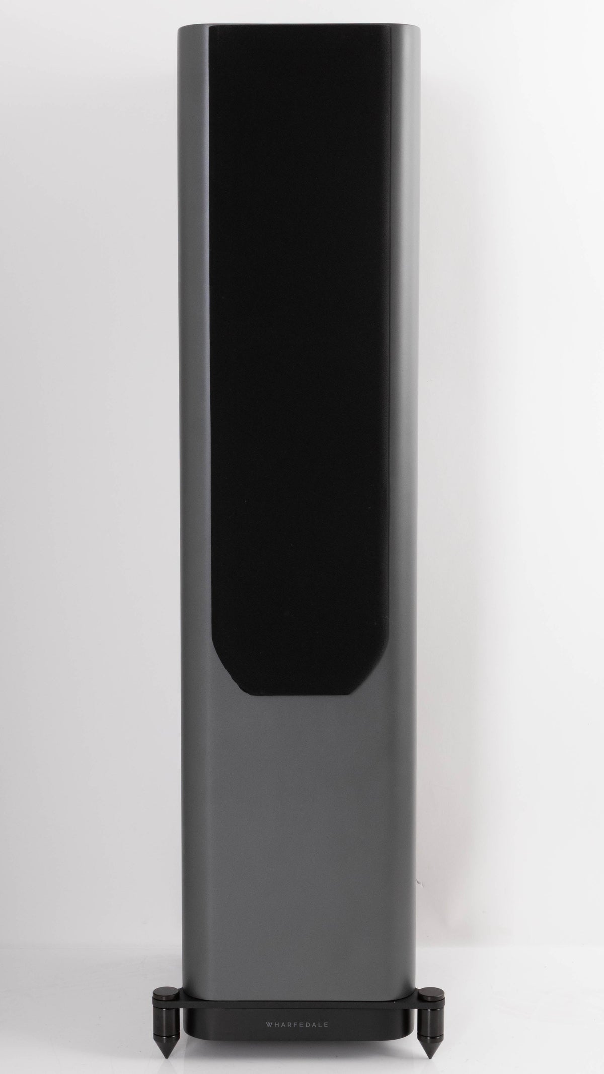 Front view of a used Wharfedale EVO 5.3 Floorstanding Speaker in a Lunar Grey finish showing Grille