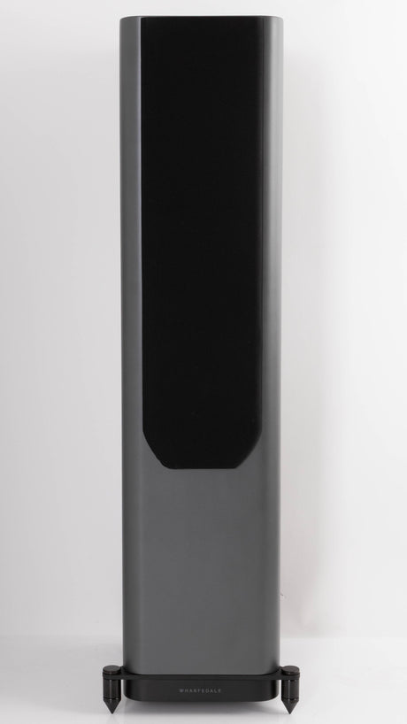Front view of a used Wharfedale EVO 5.3 Floorstanding Speaker in a Lunar Grey finish showing Grille