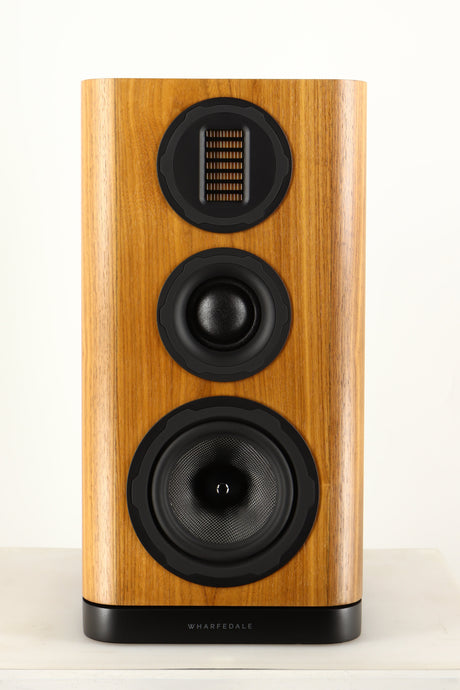 Front view of a used Wharfedale EVO 5.2 Standmount Speaker in a walnut finish