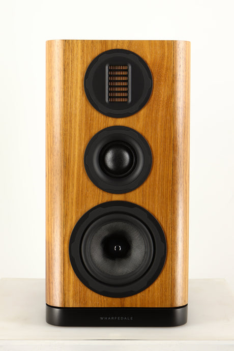 Front view of a used Wharfedale EVO 5.2 Standmount Speaker in a walnut finish