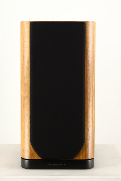Front view of a used Wharfedale EVO 5.2 Standmount Speaker in a walnut finish showing grille