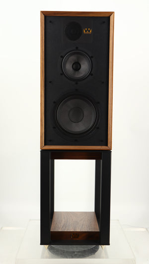 Front view of a used Wharfedale Linton Standmount Speaker W/ Stand in a walnut finish