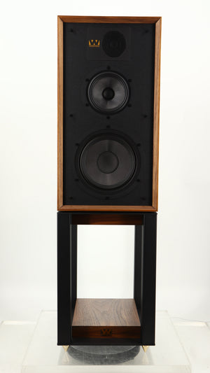 Front view of a used Wharfedale Linton Standmount Speaker W/ Stand in a walnut finish