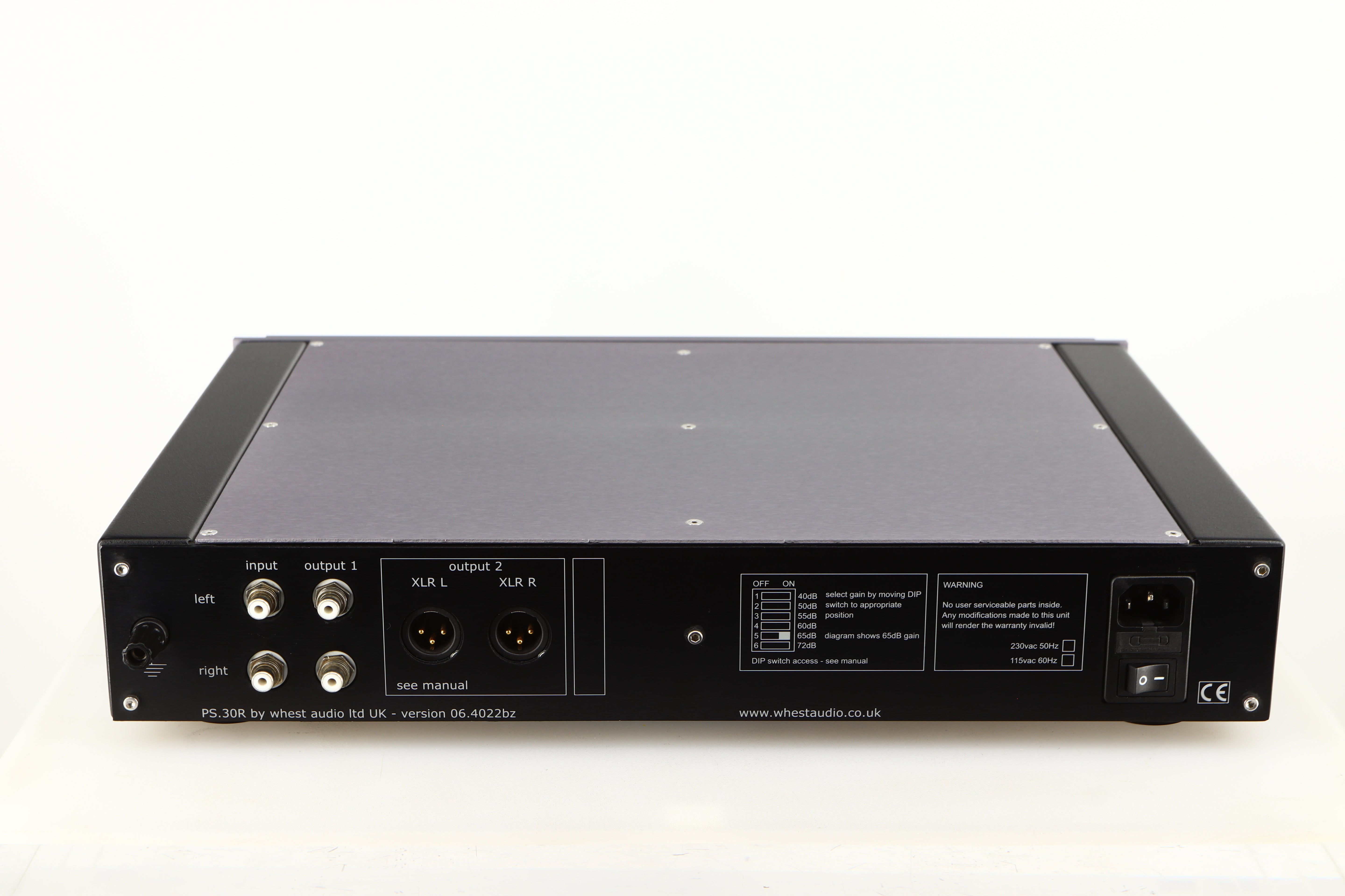 Rear view of a used Whest PS.30R Phonostage showing Phono Inputs, Phono Outputs, XLR Outputs and Mains Input
