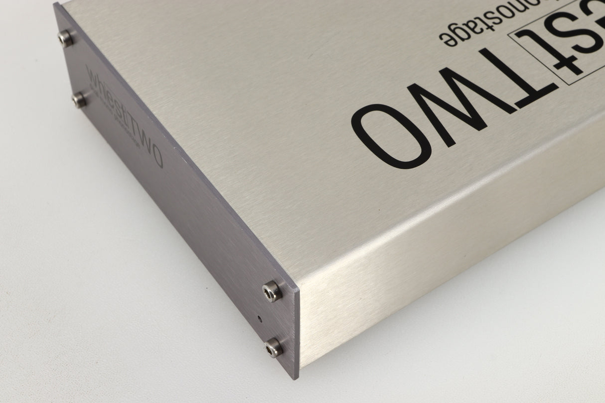 Close up of a used Whest TWO MM/MC Phonostage in a silver finish showing some small grazes on front edge