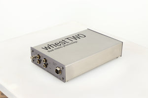 Rear left corner of a used Whest TWO MM/MC Phonostage in a silver finish