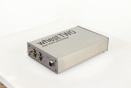 Rear left corner of a used Whest TWO MM/MC Phonostage in a silver finish