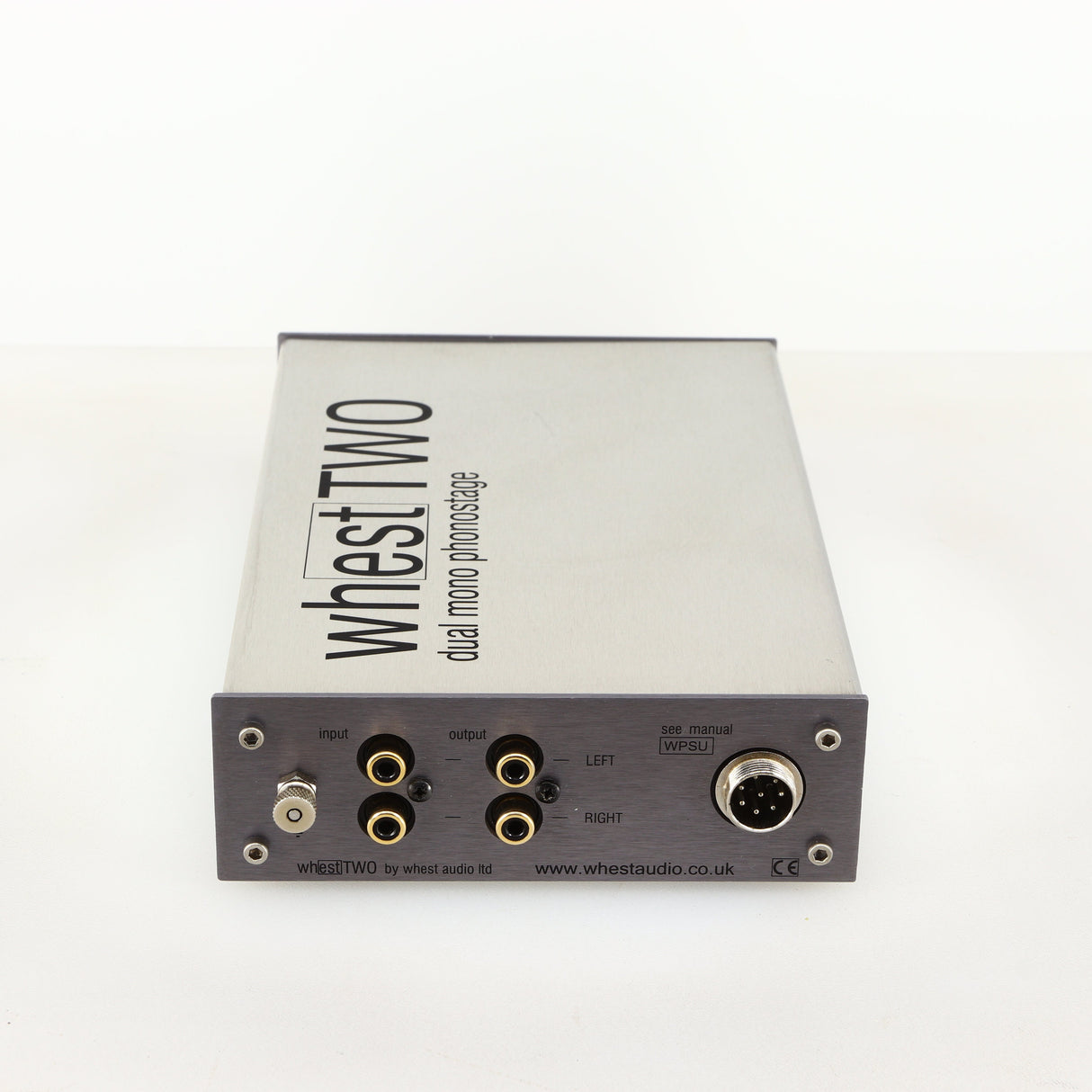 Rear view of a used Whest TWO MM/MC Phonostage in a silver finish showing Phono Inputs and Outputs