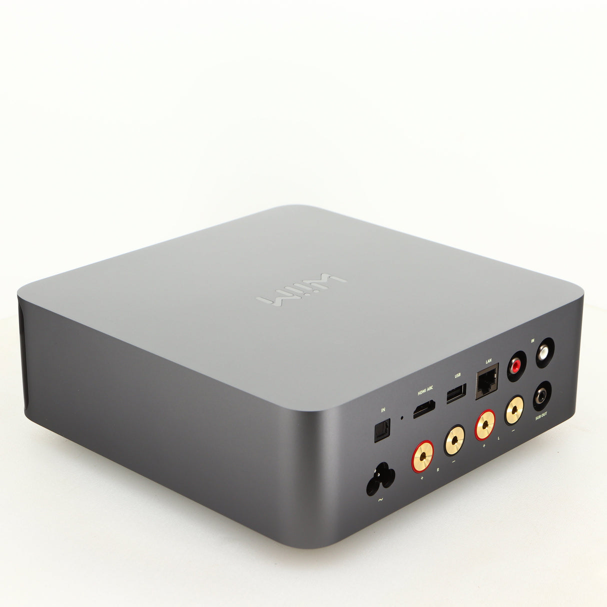 Rear right corner of a used Wiim Amp Ultra Streaming Amplifier in a grey finish