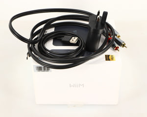 Box for a used Wiim Pro Plus Streamer in a black finish showing USB Cable, Mains Plug and Interconnect Cable