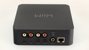 Rear view of a used Wiim Pro Plus Streamer in a black finish showing Phono Inputs, Phono Outputs, USB Input, Optical Input, Optical Output and Network Input