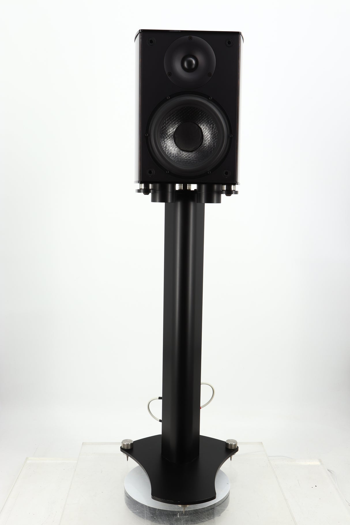 Front view of a used Wilson Benesch Vertex Standmount Speakers W/ Stands in a gloss walnut finish