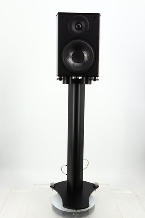 Front view of a used Wilson Benesch Vertex Standmount Speakers W/ Stands in a gloss walnut finish