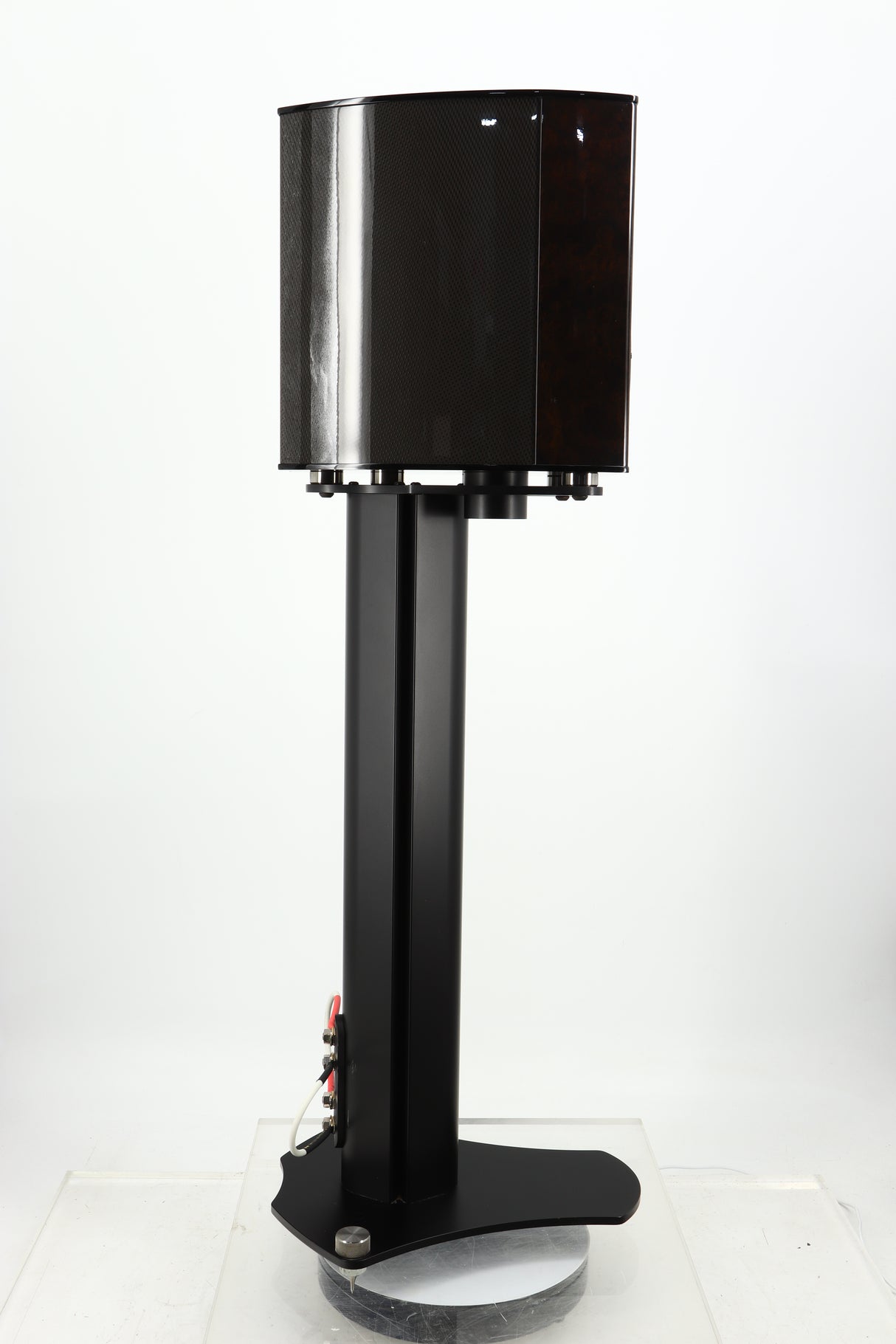 Left side view of a used Wilson Benesch Vertex Standmount Speakers W/ Stands in a gloss walnut finish