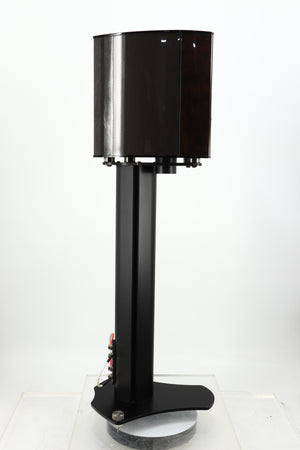 Left side view of a used Wilson Benesch Vertex Standmount Speakers W/ Stands in a gloss walnut finish