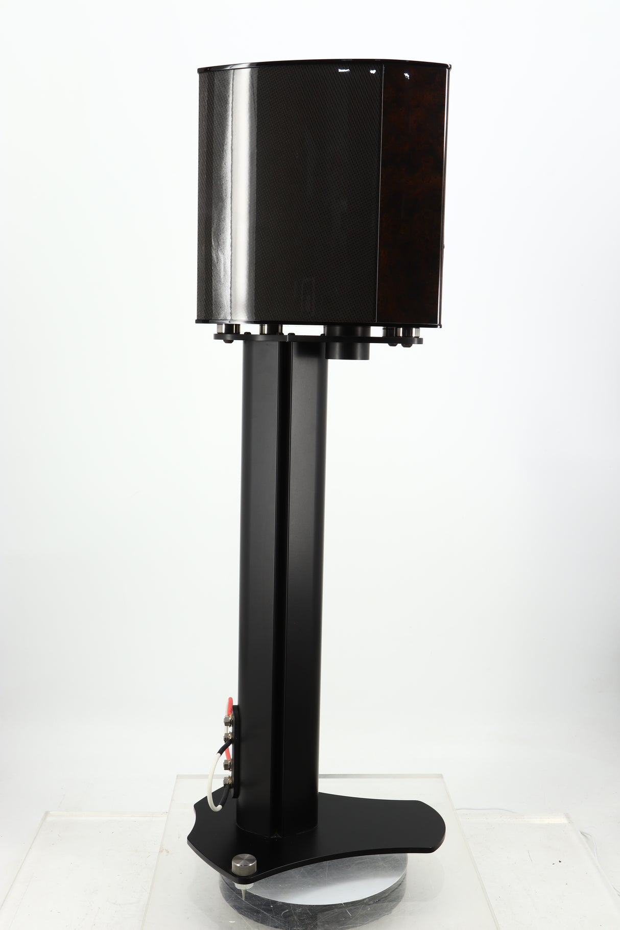 Left side view of a used Wilson Benesch Vertex Standmount Speakers W/ Stands in a gloss walnut finish