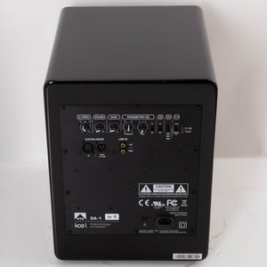 Rear view of a used XTZ SA-1 Subwoofer in a Gloss Black finish showing Mains Input, XLR Input and Phono Inputs