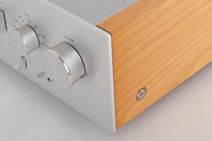 Front right corner of a used Yamaha A-S2000 Integrated Amplifier in a Silver finish