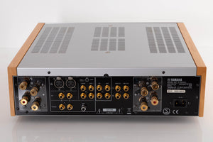 Rear view of a used Yamaha A-S2000 Integrated Amplifier in a Silver finish showing Phono Inputs, Phono Outputs, XLR Inputs and Mains Input