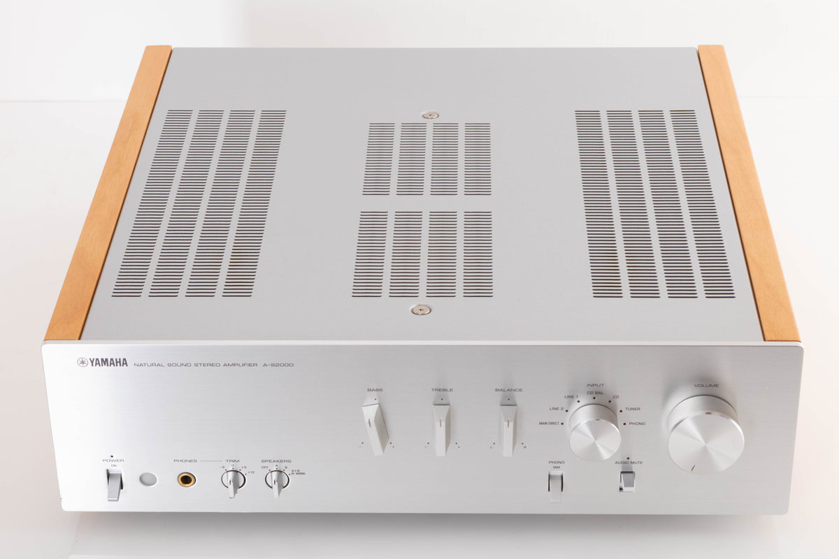 Top of a used Yamaha A-S2000 Integrated Amplifier in a Silver finish