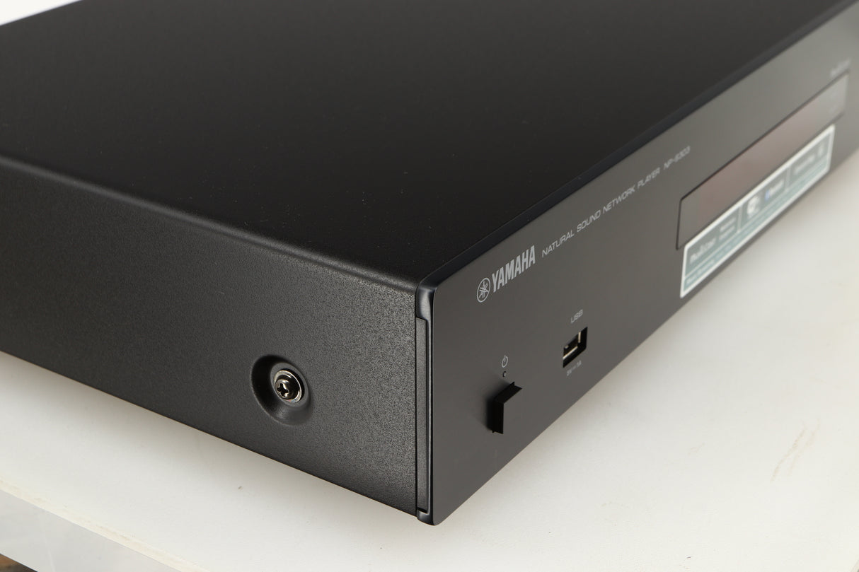 Front left corner of a used Yamaha NP-S303 Musicast Streamer in a black finish