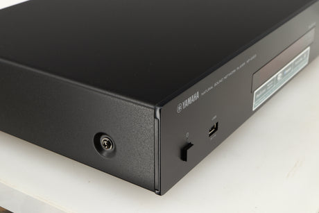 Front left corner of a used Yamaha NP-S303 Musicast Streamer in a black finish