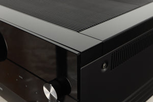 Close up of a used Yamaha RX-A8A Aventage AV Receiver in a black finish showing scratch on screen