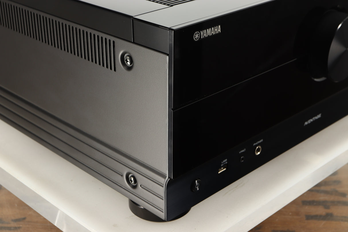 Front left corner of a used Yamaha RX-A8A Aventage AV Receiver in a black finish