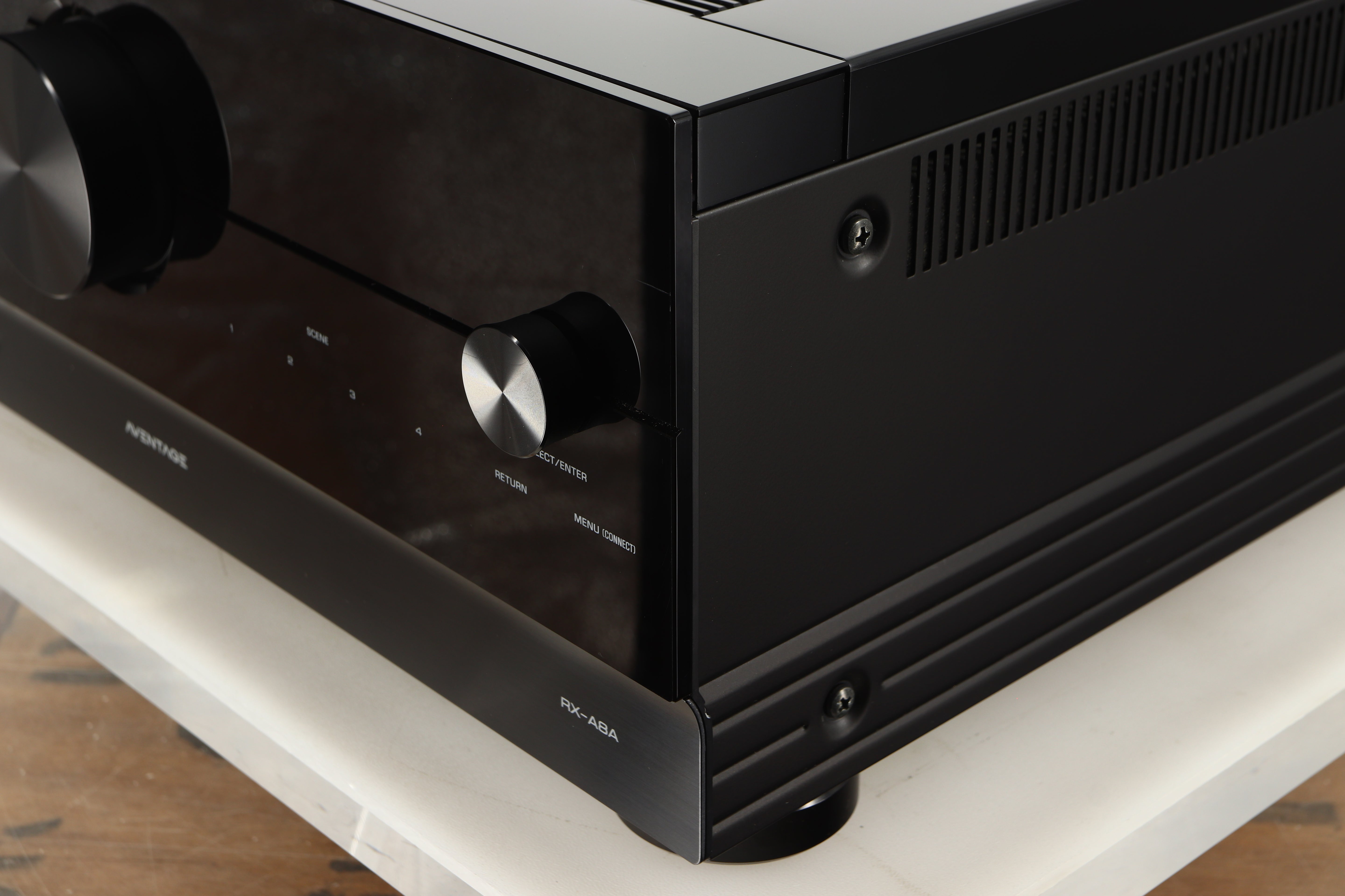 Front right corner of a used Yamaha RX-A8A Aventage AV Receiver in a black finish