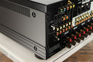 Rear right corner of a used Yamaha RX-A8A Aventage AV Receiver in a black finish