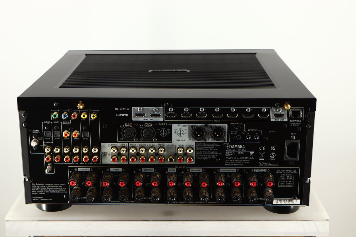 Rear view of a used Yamaha RX-A8A Aventage AV Receiver in a black finish showing Phono Inputs, Phono Outputs, Mains Input, HDMI Inputs, HDMI Outputs, Optical Outputs, Optical Inputs, Network Input and Speaker Outputs