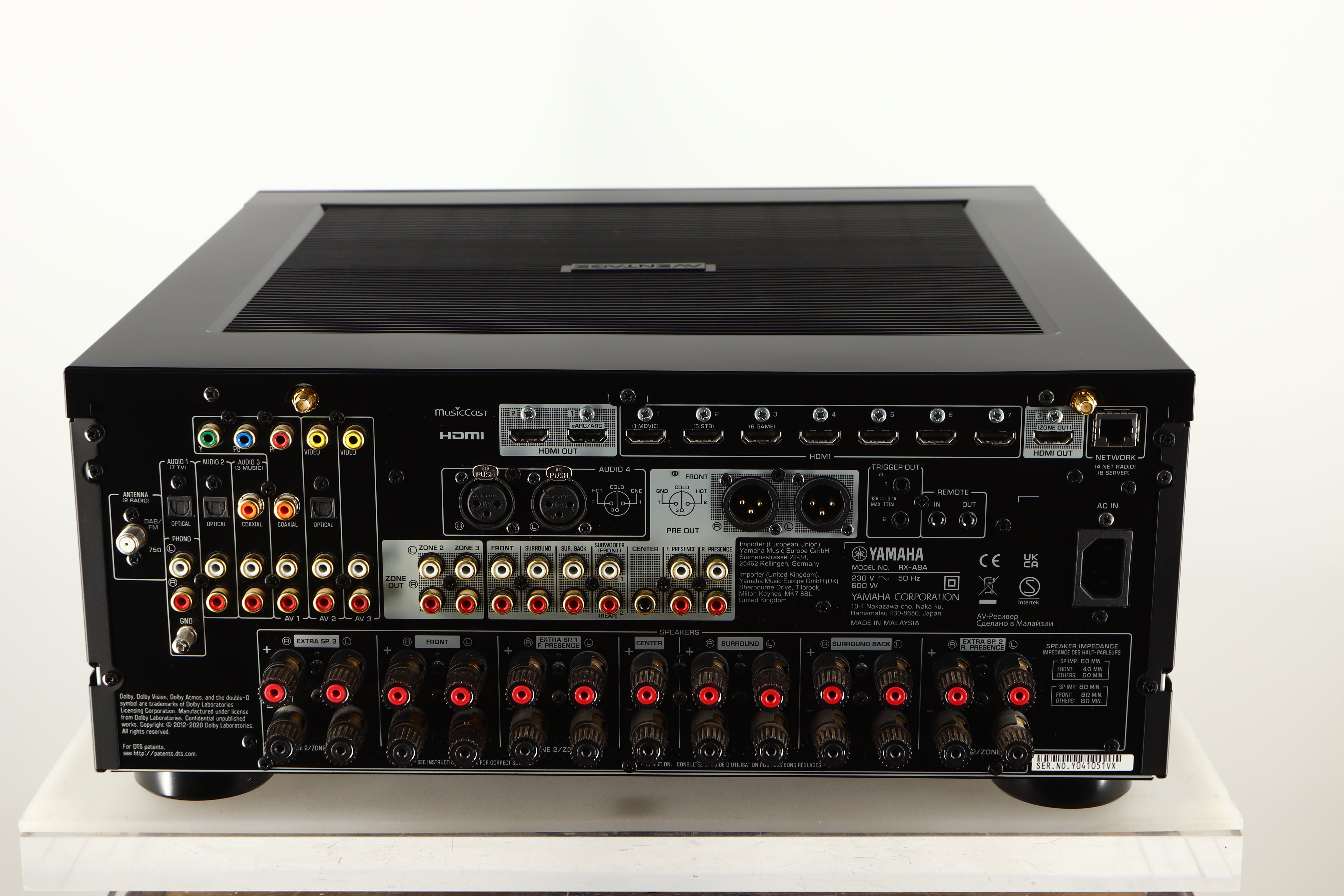 Rear view of a used Yamaha RX-A8A Aventage AV Receiver in a black finish showing Phono Inputs, Phono Outputs, Mains Input, HDMI Inputs, HDMI Outputs, Optical Outputs, Optical Inputs, Network Input and Speaker Outputs
