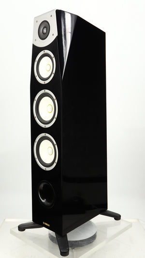 Front right corner of a used Yamaha Soavo 1 Floorstanding Speaker in a piano black finish