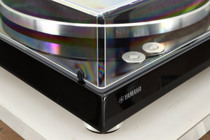 Front left corner view of a Yamaha TTN503 MusicCast Turntable in Black finish
