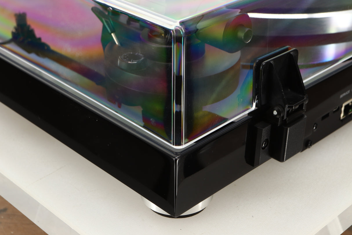 Rear left corner view of a Yamaha TTN503 MusicCast Turntable in Black finish