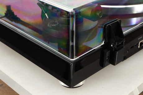 Rear left corner view of a Yamaha TTN503 MusicCast Turntable in Black finish