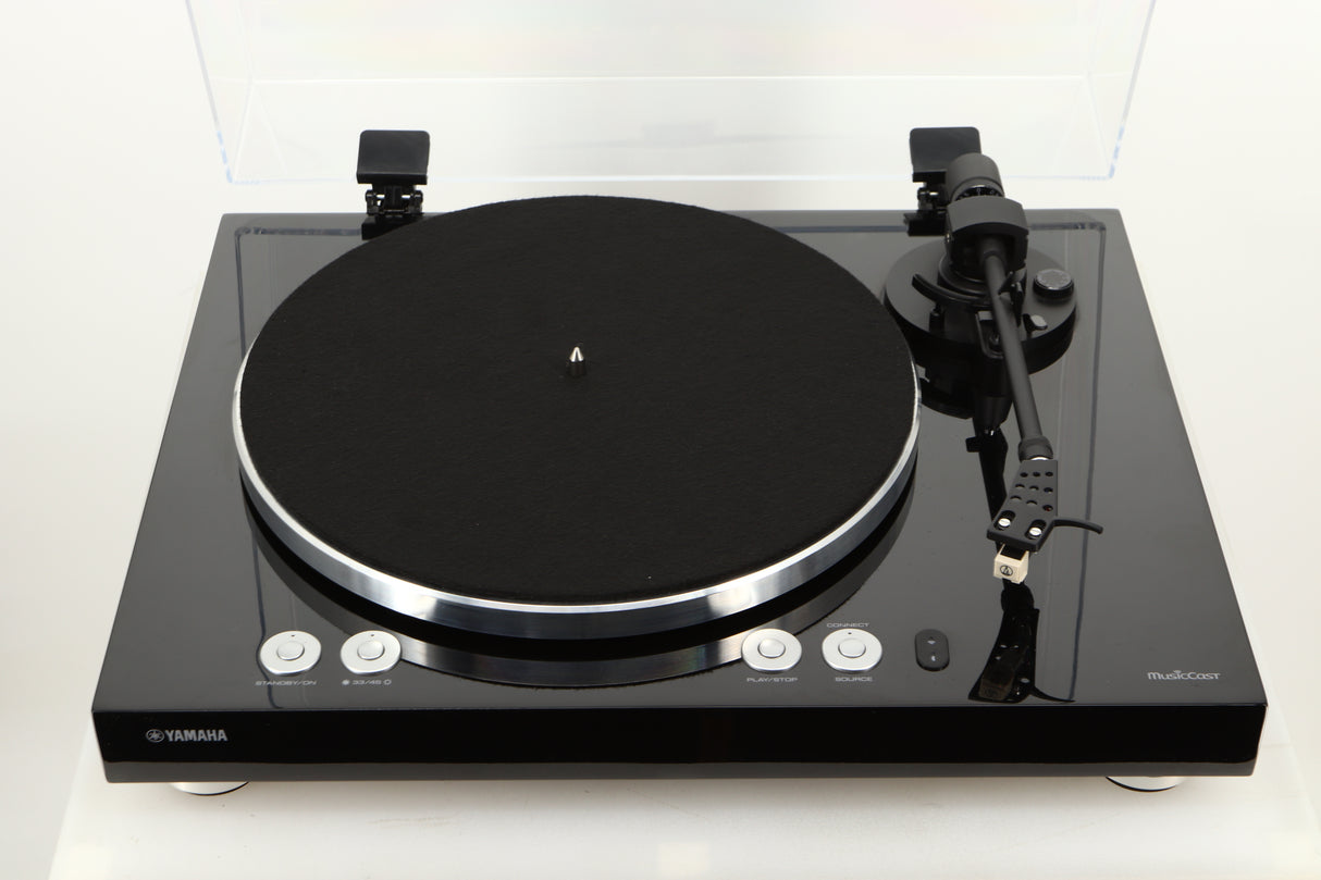 Top view of a Yamaha TTN503 MusicCast Turntable in Black finish