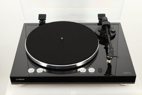 Top view of a Yamaha TTN503 MusicCast Turntable in Black finish