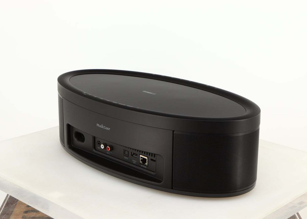 Rear left angle of a used Yamaha WX-051 Musicast Streaming Speaker in a black finish