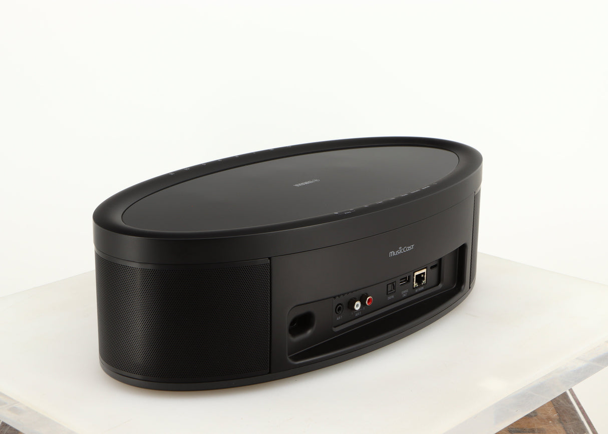 Rear right angle of a used Yamaha WX-051 Musicast Streaming Speaker in a black finish