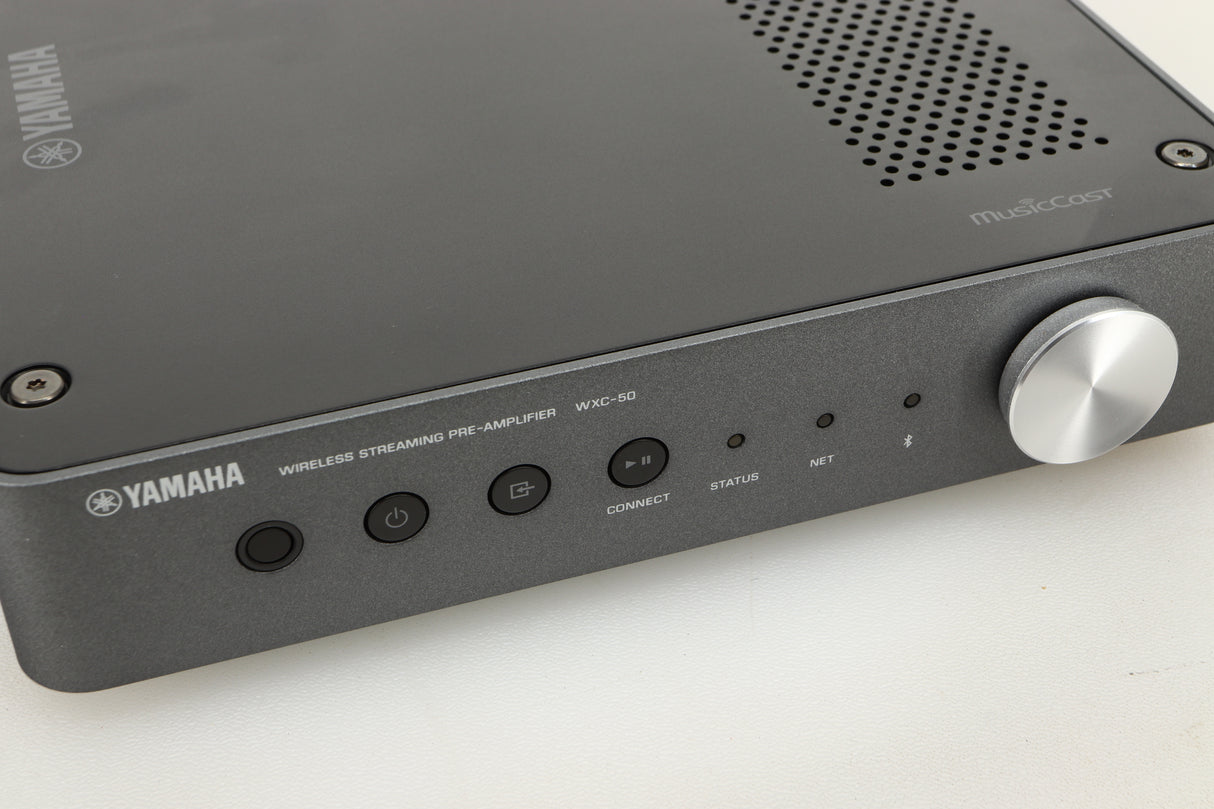 Close up view of a used Yamaha WXC-50 Streaming Pre Amplifier in Silver finish
