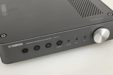 Close up view of a used Yamaha WXC-50 Streaming Pre Amplifier in Silver finish