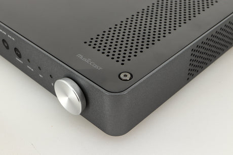 Front right corner view of a used Yamaha WXC-50 Streaming Pre Amplifier in Silver finish