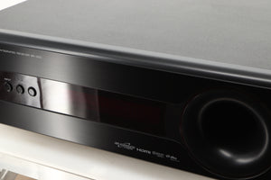Close up view of a used Yamaha SR-300 Integrated Receiver in a black finish showing scratching on screen